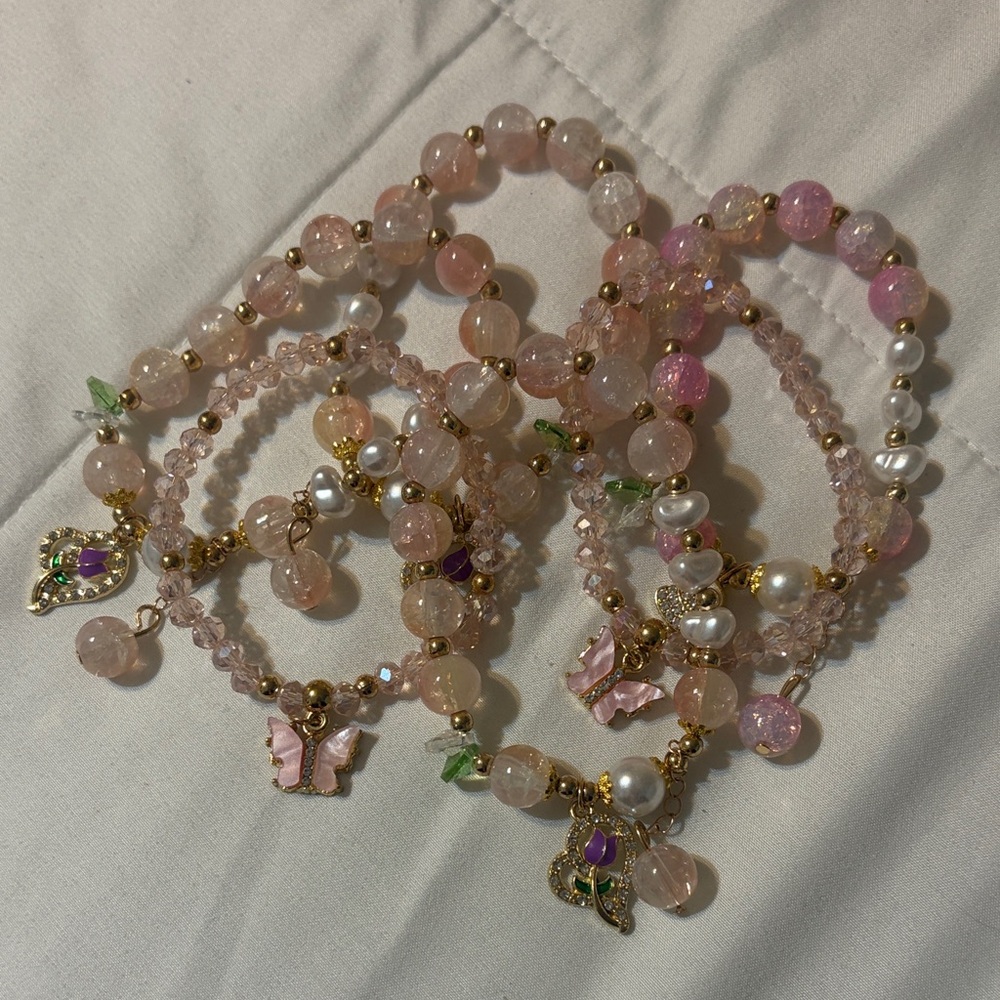 Pink Beaded Bracelet Set with Gold Accents